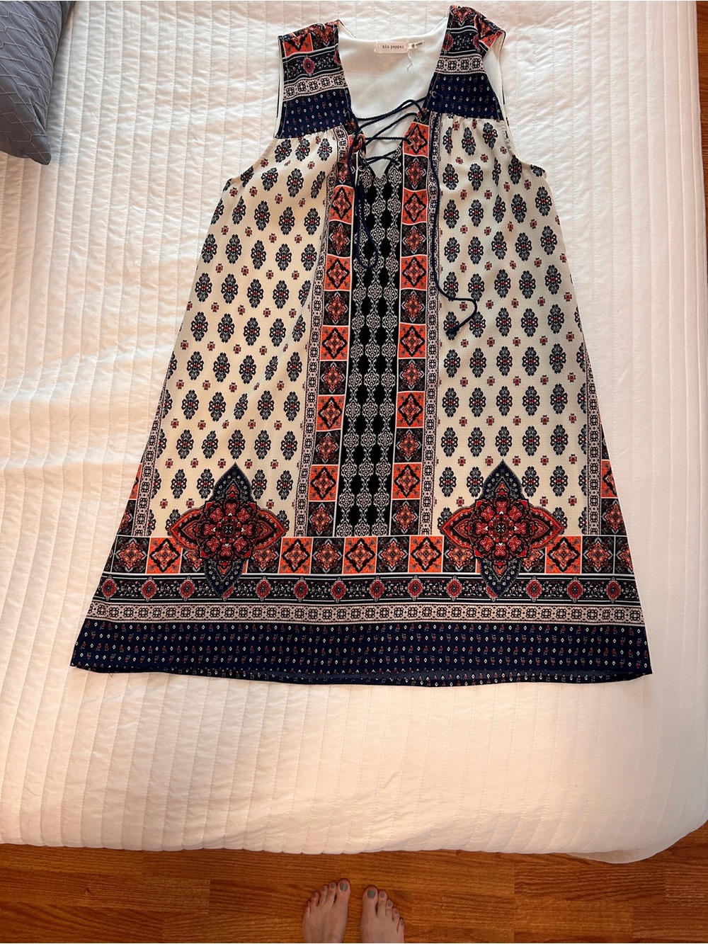 Women’s Boho Print shift dress with Navy & Coral Accents